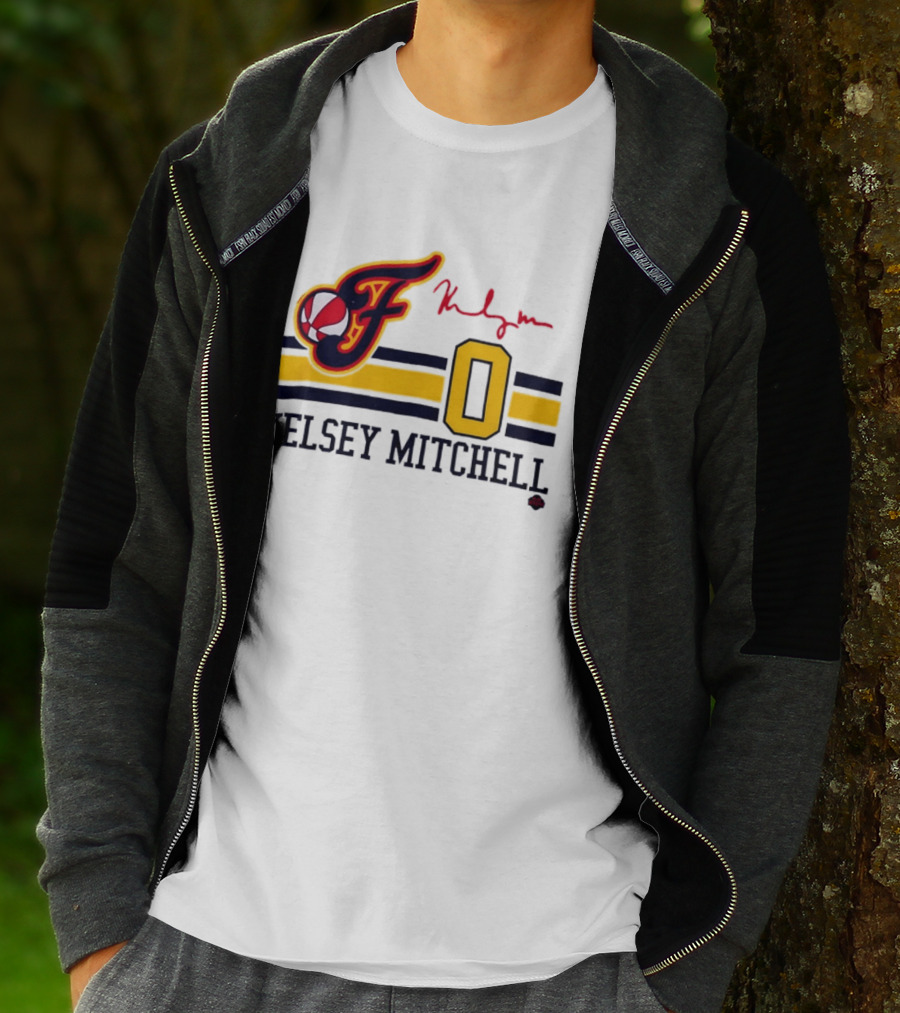 Kelsey Mitchell Indiana Fever No. 0 F Logo And Signature T-Shirt