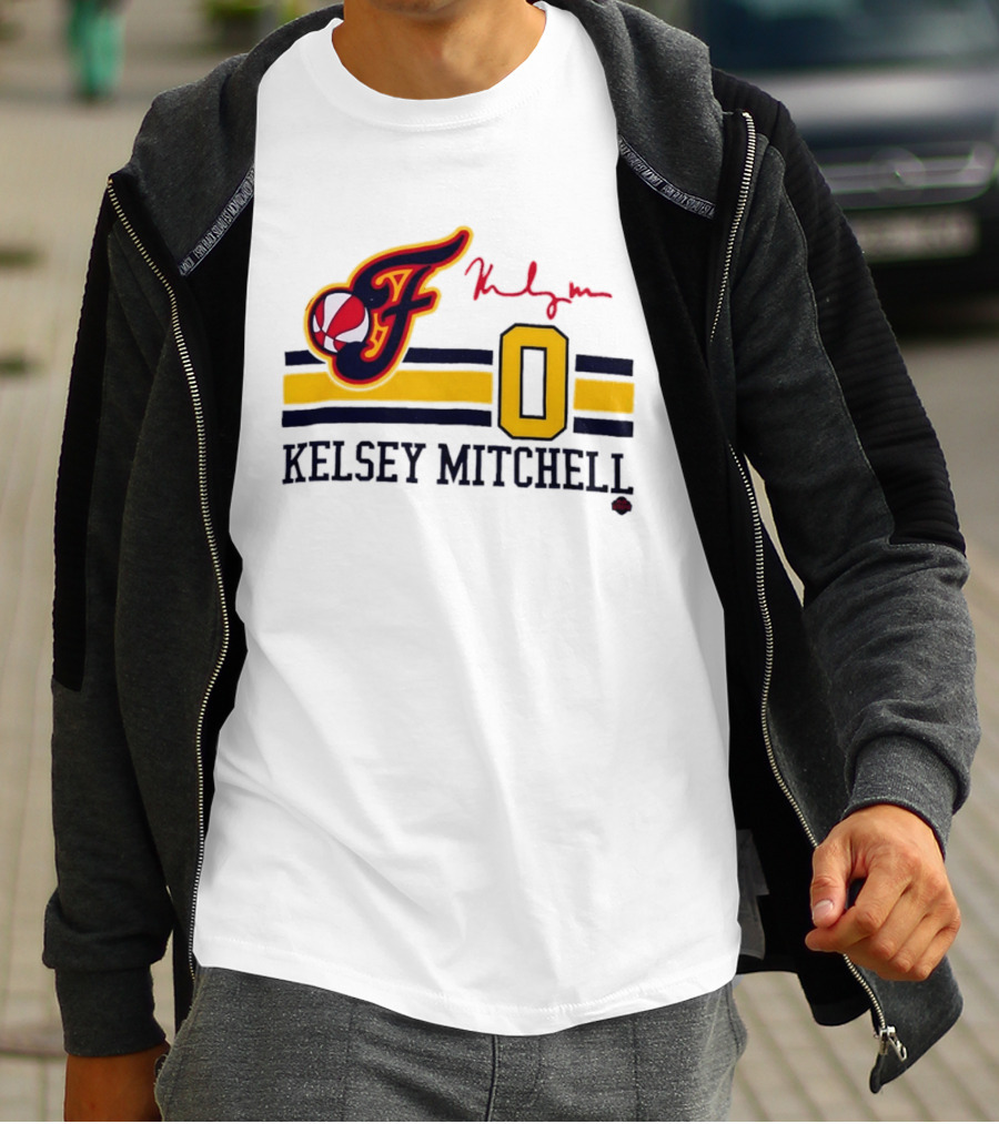 Kelsey Mitchell Indiana Fever No. 0 F Logo And Signature T-Shirt