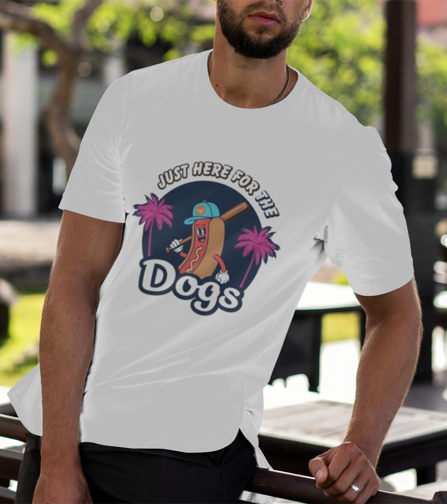 Just Here For The Dogs Cartoon Hot Dog Baseball Palm Trees T-Shirt