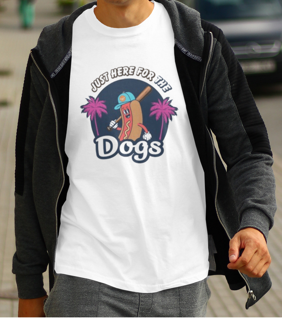 Just Here For The Dogs Cartoon Hot Dog Baseball Palm Trees T-Shirt