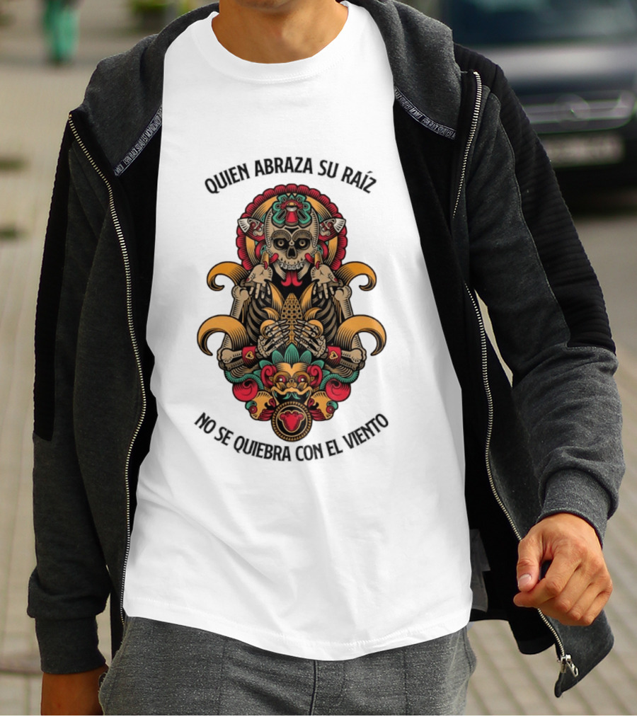 Quien Abraza Su Raíz No Se Quiebra Con El Viento Calavera Artístico Y Elementos Culturales Coloridos T-Shirt