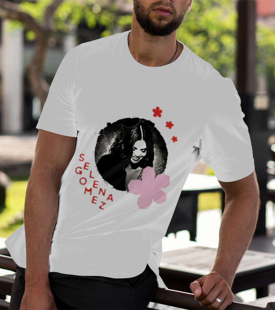 Selena Gomez Smile With Pink Paper Flower And Red T-Shirt