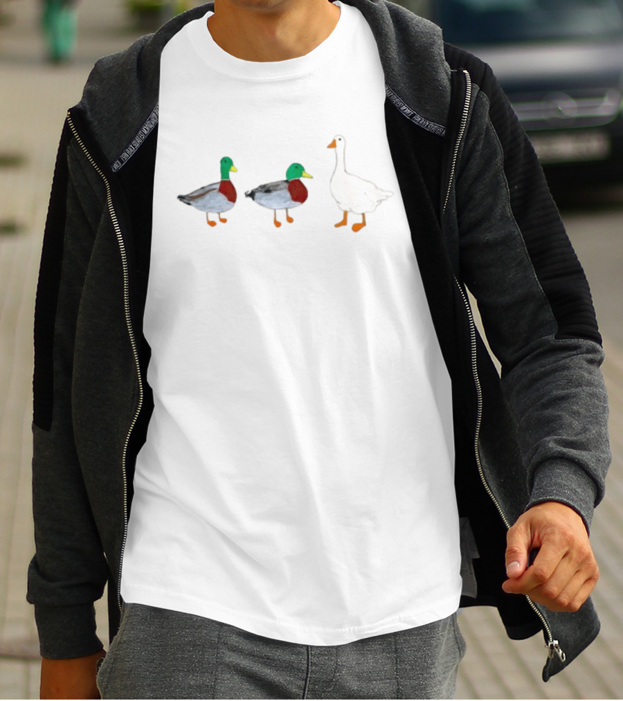 Two Mallard Ducks And A White Goose Duck Wildlife Scene T-Shirt