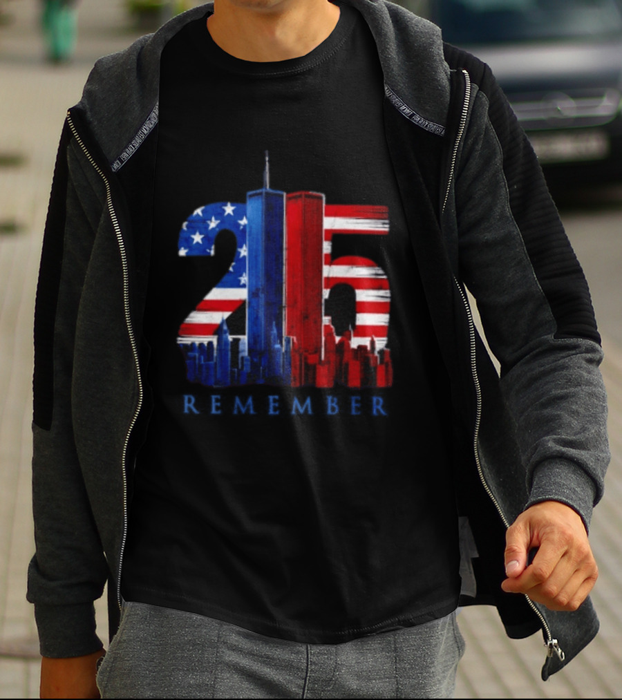 25th Anniversary Remember Twin Towers American Flag T-Shirt