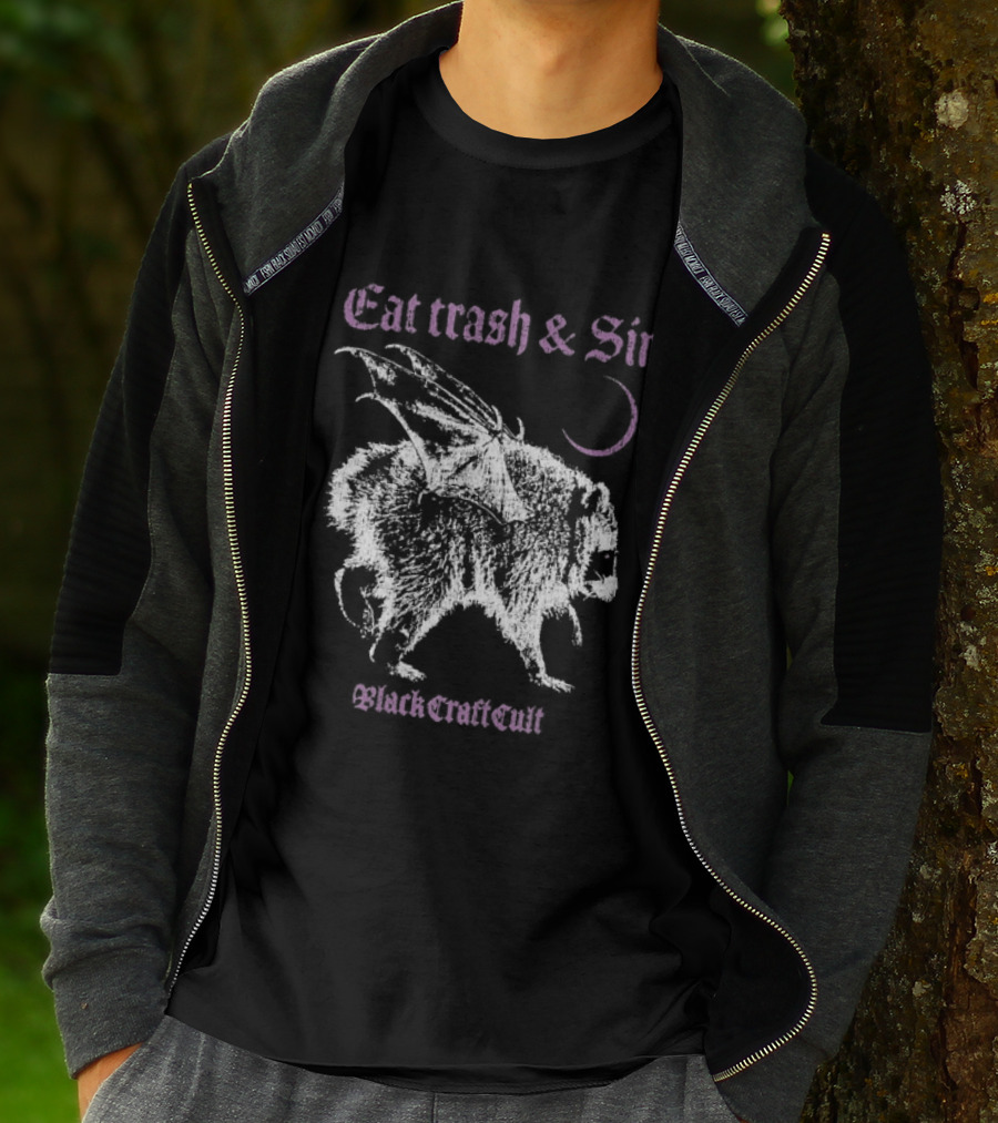 Blackcraftcult Cat Trash And Sin Raccoon Wings Moon T-Shirt