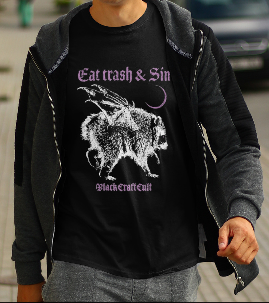 Blackcraftcult Cat Trash And Sin Raccoon Wings Moon T-Shirt