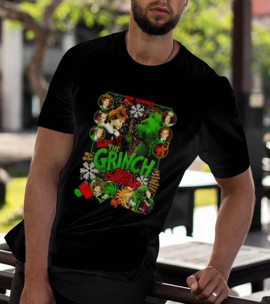 Jim Carrey Dr Seuss How The Grinch Stole Christmas Movie With Characters And Snowflakes T-Shirt