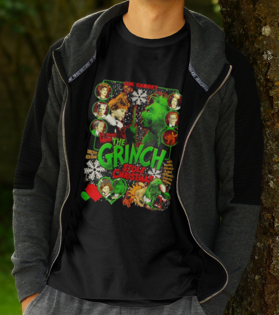 Jim Carrey Dr Seuss How The Grinch Stole Christmas Movie With Characters And Snowflakes T-Shirt