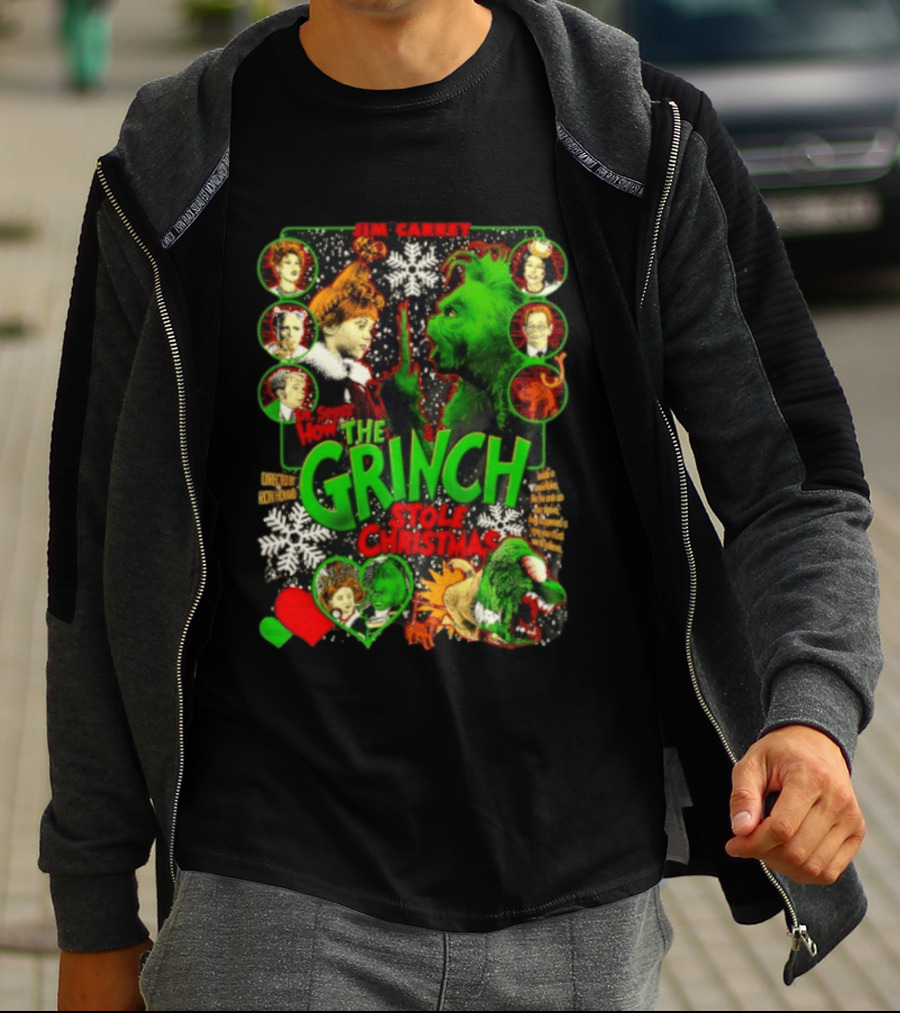 Jim Carrey Dr Seuss How The Grinch Stole Christmas Movie With Characters And Snowflakes T-Shirt