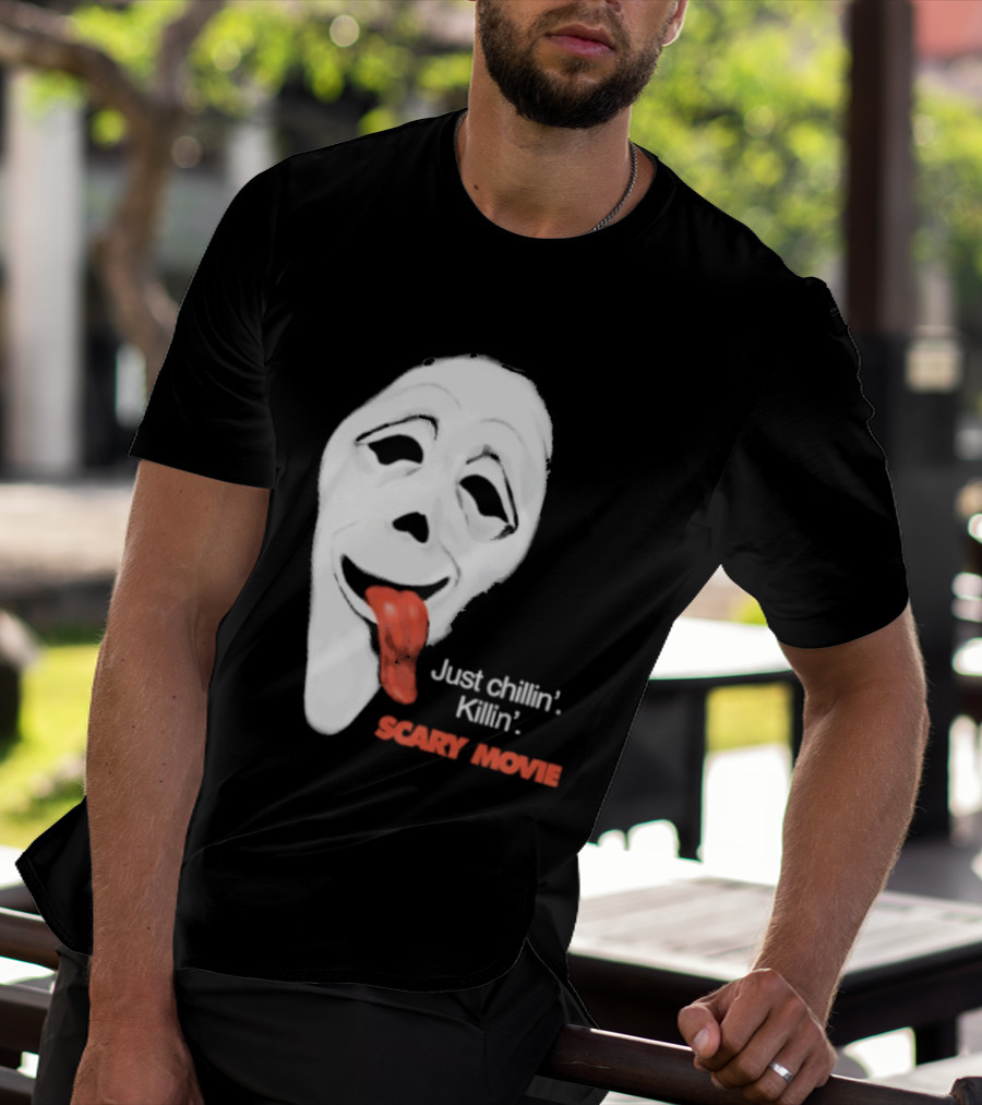 Just Chillin' Killin' Scary Movie Ghostface Mask With Red Tongue T-Shirt