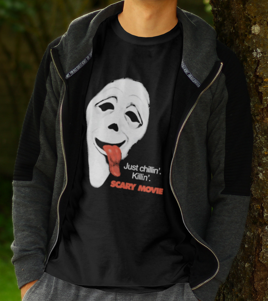 Just Chillin' Killin' Scary Movie Ghostface Mask With Red Tongue T-Shirt