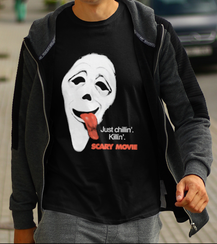 Just Chillin' Killin' Scary Movie Ghostface Mask With Red Tongue T-Shirt