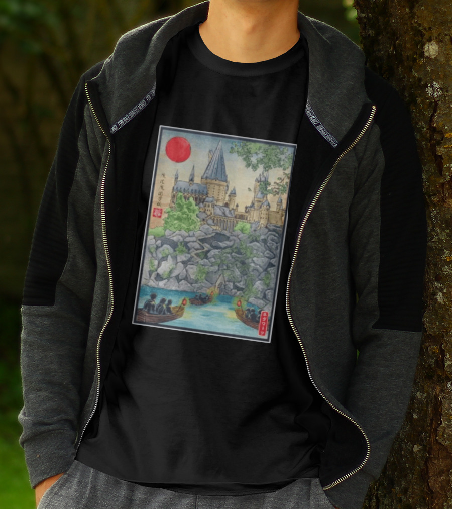 Hogwarts School Of Witchcraft And Wizardry Japanese Ukiyo E Style Castle With Boats And Red Sun T-Shirt