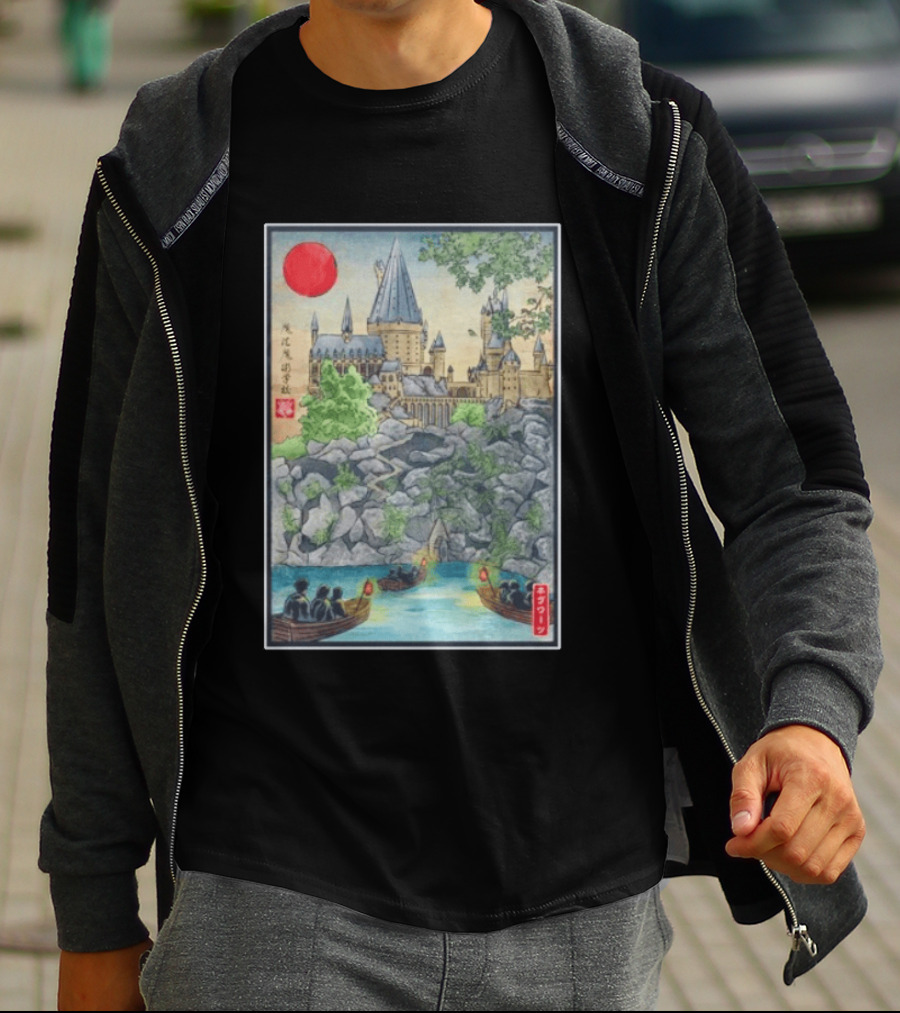 Hogwarts School Of Witchcraft And Wizardry Japanese Ukiyo E Style Castle With Boats And Red Sun T-Shirt