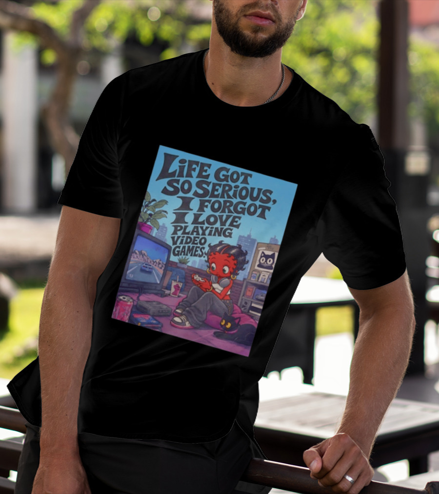 Life Got So Serious I Forgot I Love Playing Video Games City Room Scene Retro Character And Cat T-Shirt