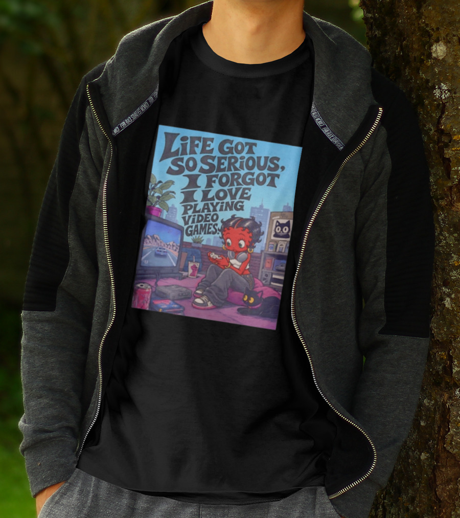 Life Got So Serious I Forgot I Love Playing Video Games City Room Scene Retro Character And Cat T-Shirt