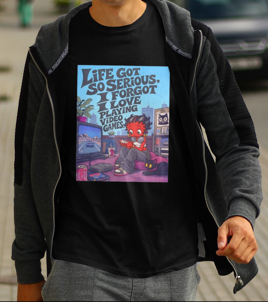 Life Got So Serious I Forgot I Love Playing Video Games City Room Scene Retro Character And Cat T-Shirt