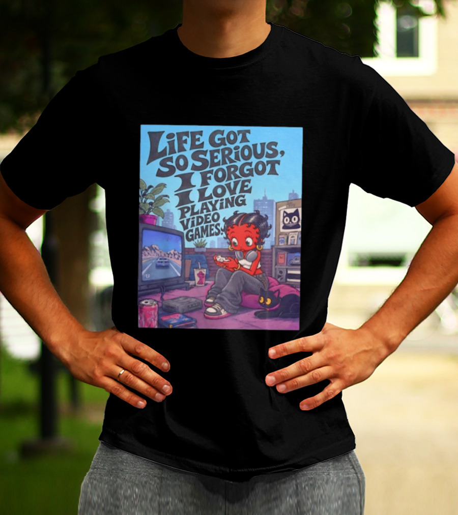 Life Got So Serious I Forgot I Love Playing Video Games City Room Scene Retro Character And Cat T-Shirt