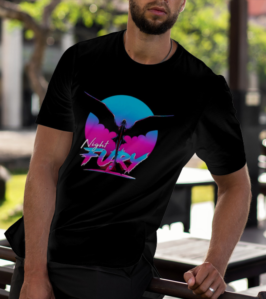Night Fury Dragon Silhouette Neon Blue And Pink T-Shirt