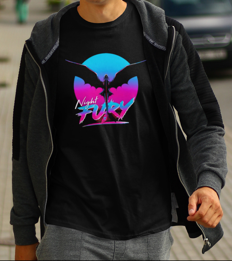 Night Fury Dragon Silhouette Neon Blue And Pink T-Shirt