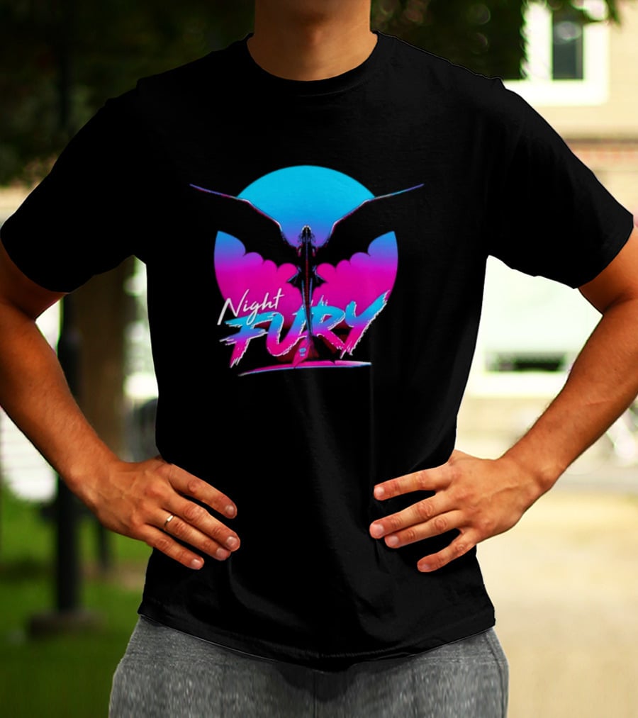 Night Fury Dragon Silhouette Neon Blue And Pink T-Shirt