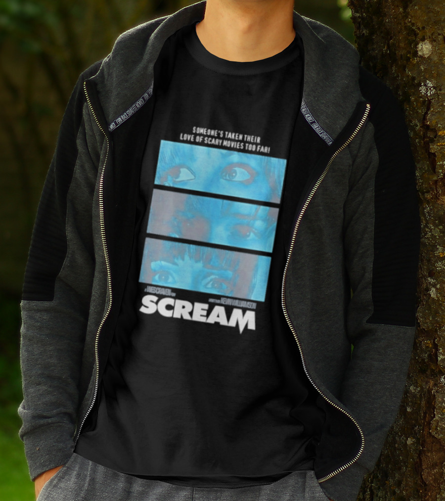 Someone's Taken Their Love Of Scary Movies Too Far Scream Eyes Dramatic Blue Panels T-Shirt