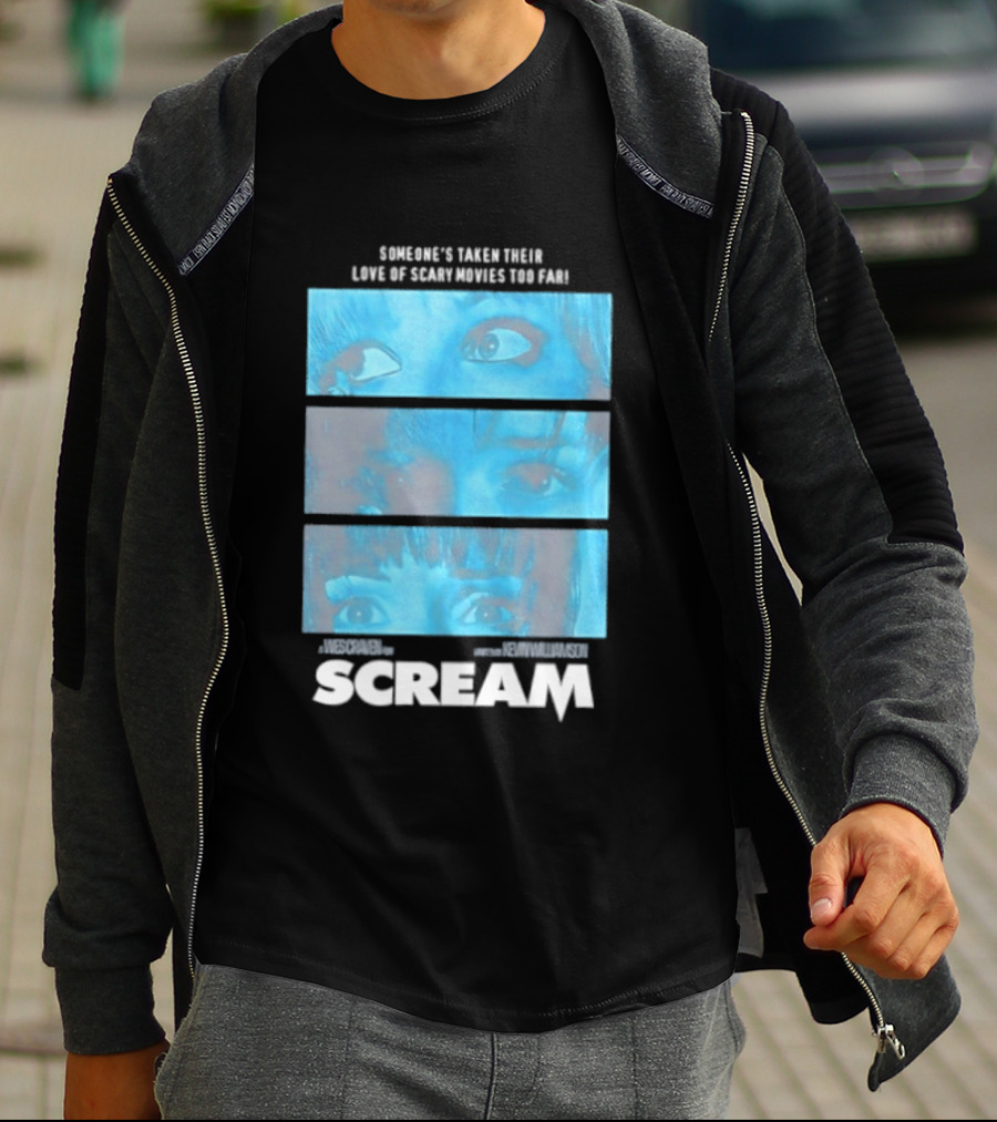 Someone's Taken Their Love Of Scary Movies Too Far Scream Eyes Dramatic Blue Panels T-Shirt