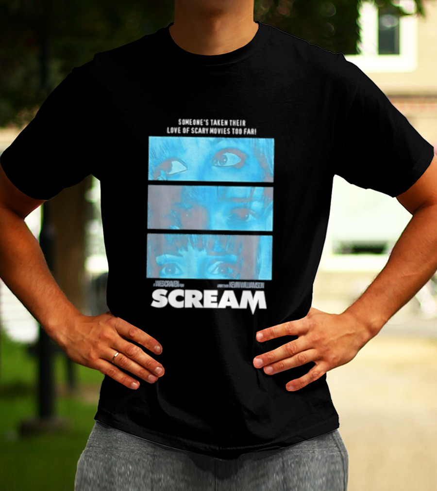 Someone's Taken Their Love Of Scary Movies Too Far Scream Eyes Dramatic Blue Panels T-Shirt