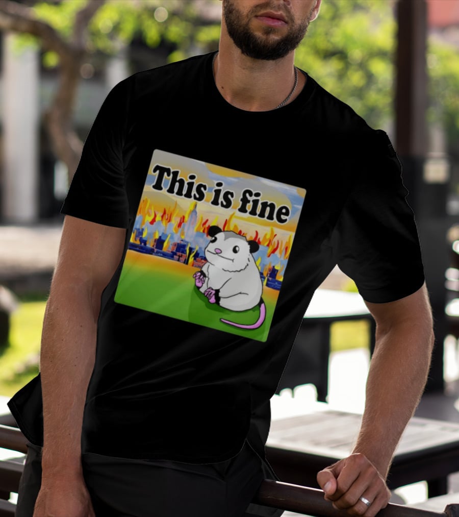This Is Fine Opossum New York City NYC Urban Skyline Flames T-Shirt