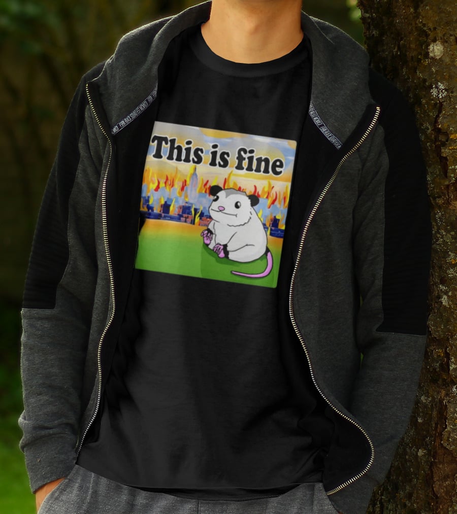 This Is Fine Opossum New York City NYC Urban Skyline Flames T-Shirt