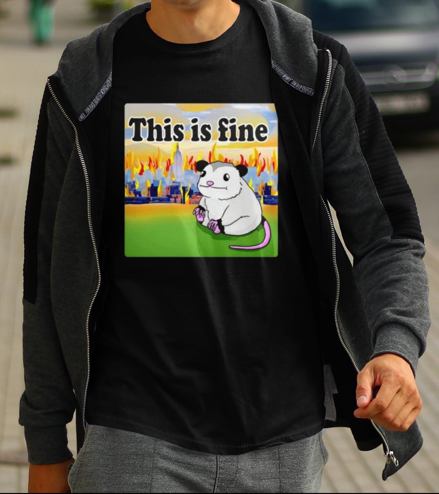 This Is Fine Opossum New York City NYC Urban Skyline Flames T-Shirt