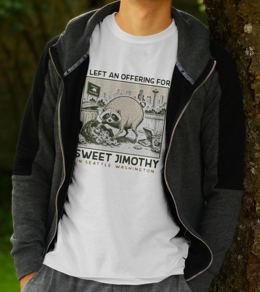 Sweet Jimothy Raccoon Offering In Seattle Washington With City Skyline T-Shirt
