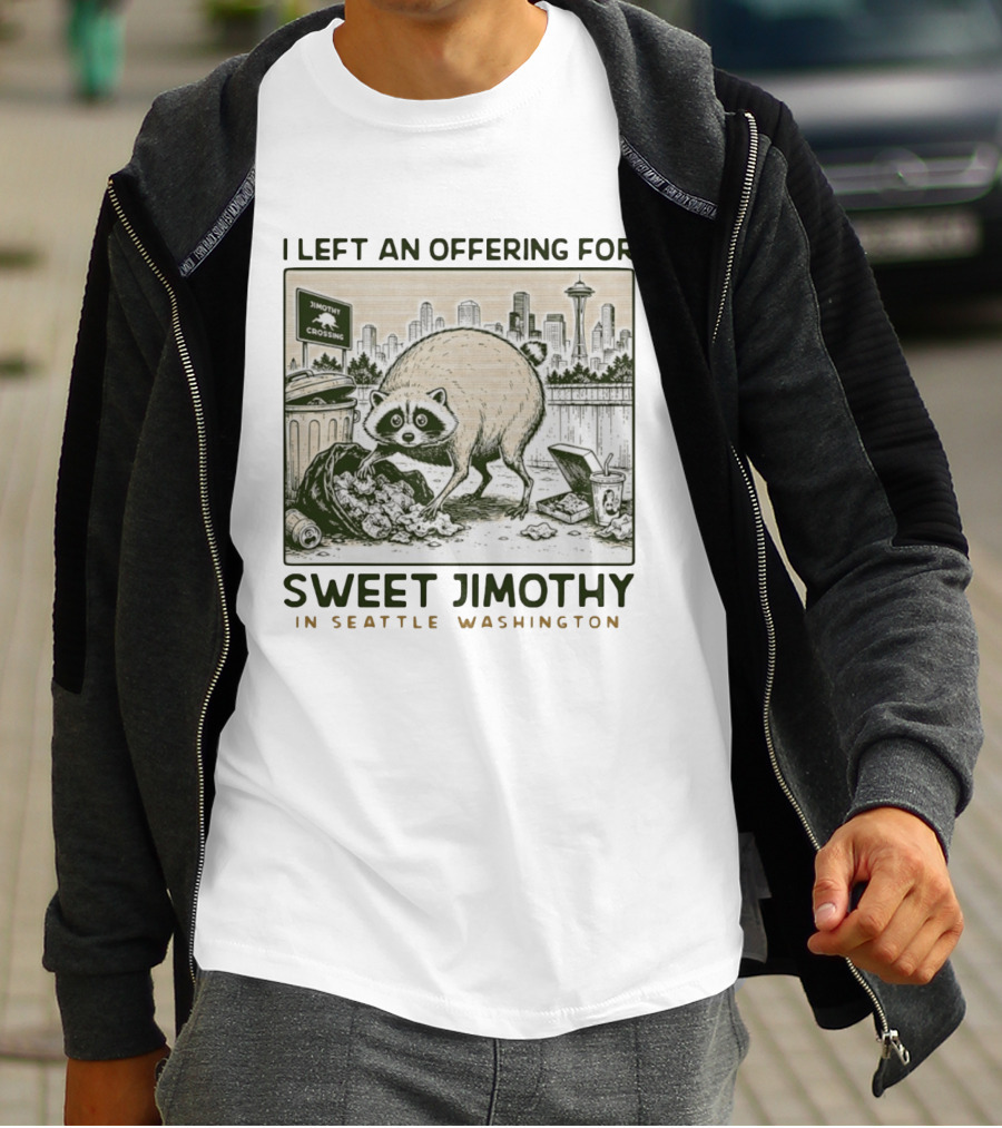 Sweet Jimothy Raccoon Offering In Seattle Washington With City Skyline T-Shirt