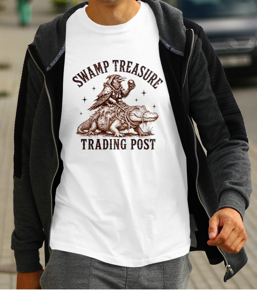 Swamp Treasure Trading Post Raven And Alligator Adventure Scene T-Shirt