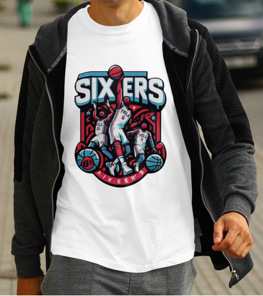 Philadelphia Sixers 2026 NBA Collage Featuring Number 6 Phila Basketball Player T-Shirt