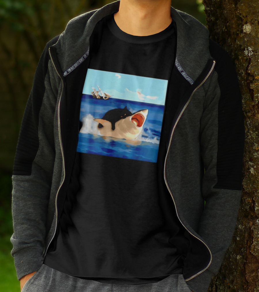 Black Cat Riding Great White Shark With Ocean And Sailing Ship T-Shirt