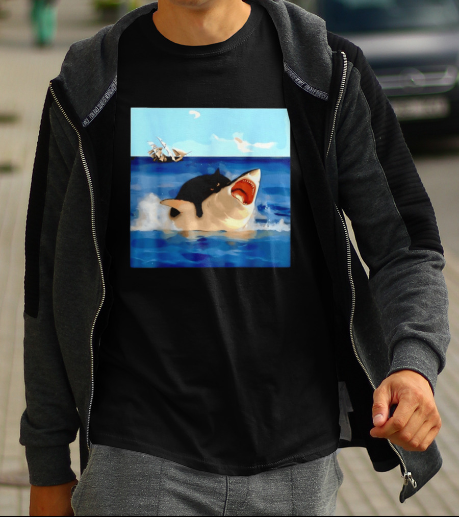 Black Cat Riding Great White Shark With Ocean And Sailing Ship T-Shirt
