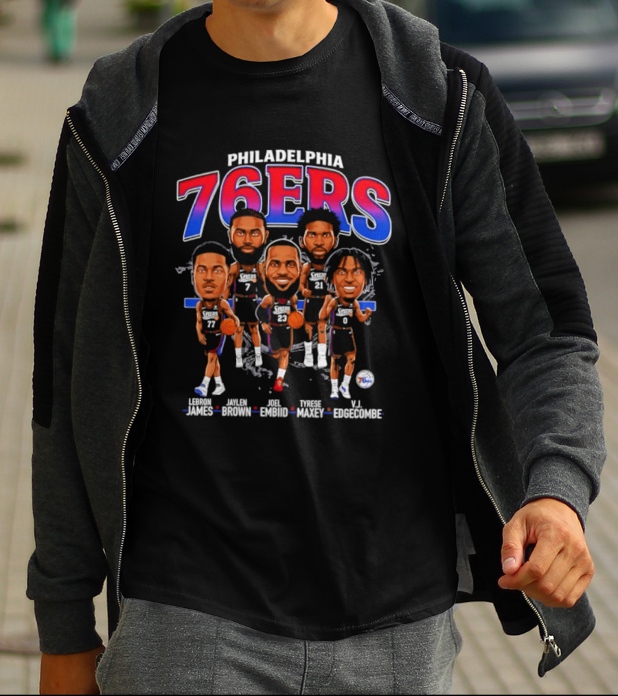 Philadelphia 76ers Big Five Harden Brown Embiid Maxey Edgecombe Caricatures T-Shirt