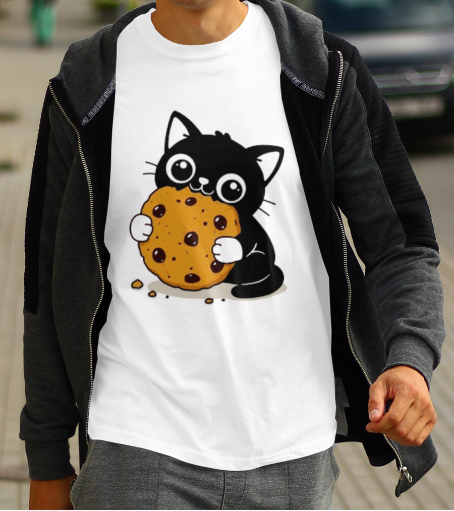 Black Cat Holding Chocolate Chip Cookie T-Shirt
