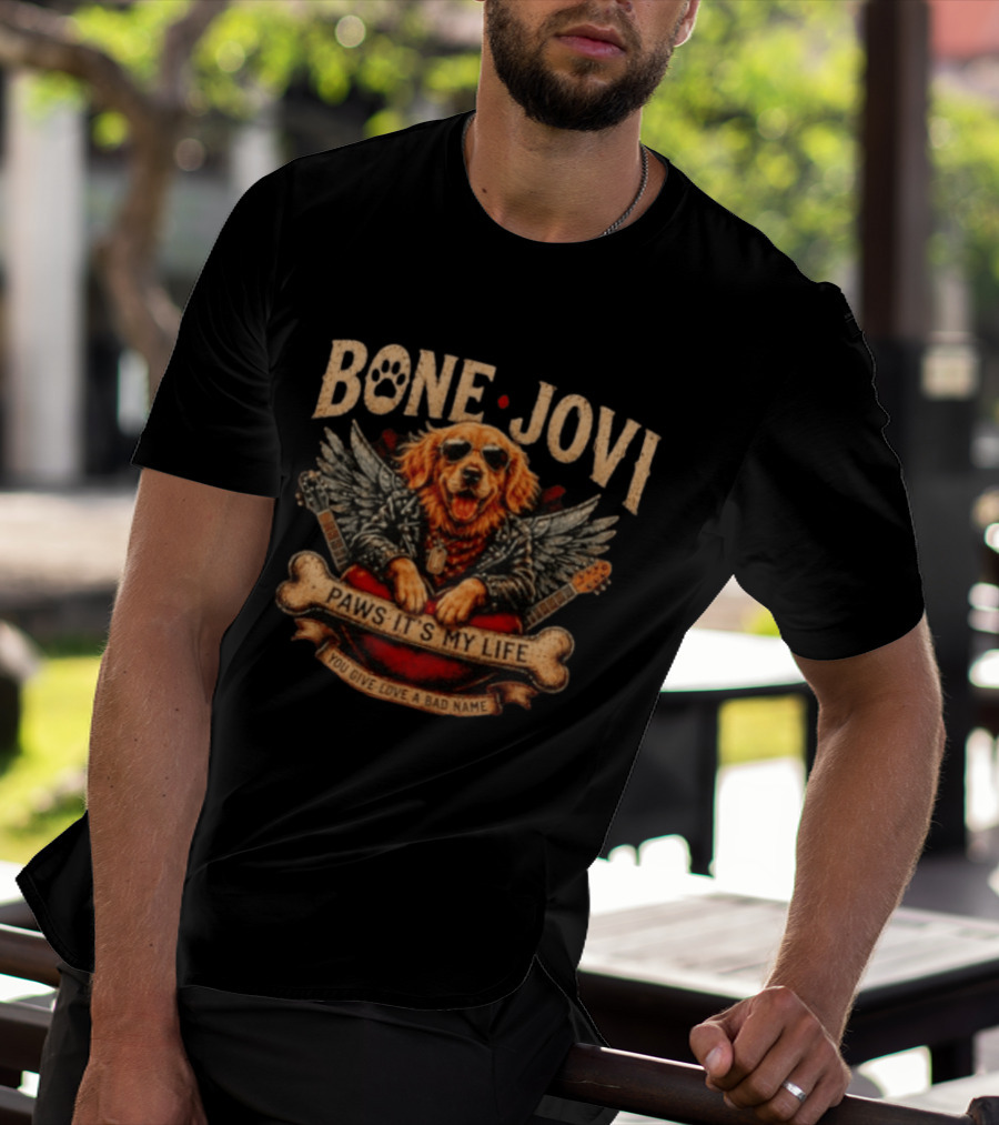 Bone Jovi Paws It's My Life You Give Love A Bad Name Golden Retriever Wings Guitar T-Shirt