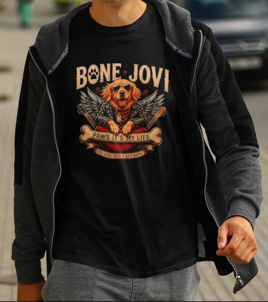 Bone Jovi Paws It's My Life You Give Love A Bad Name Golden Retriever Wings Guitar T-Shirt