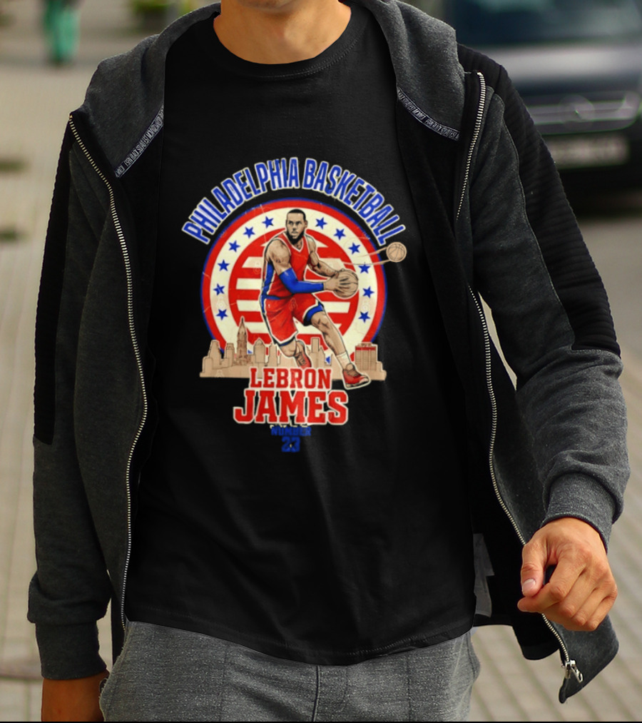Philadelphia Basketball LeBron James City Skyline Player Red And Blue T-Shirt