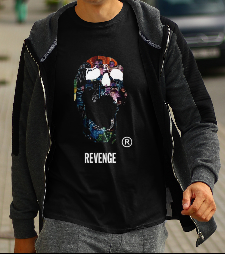 Revenge Neon Skull Cityscape Lights Black T-Shirt