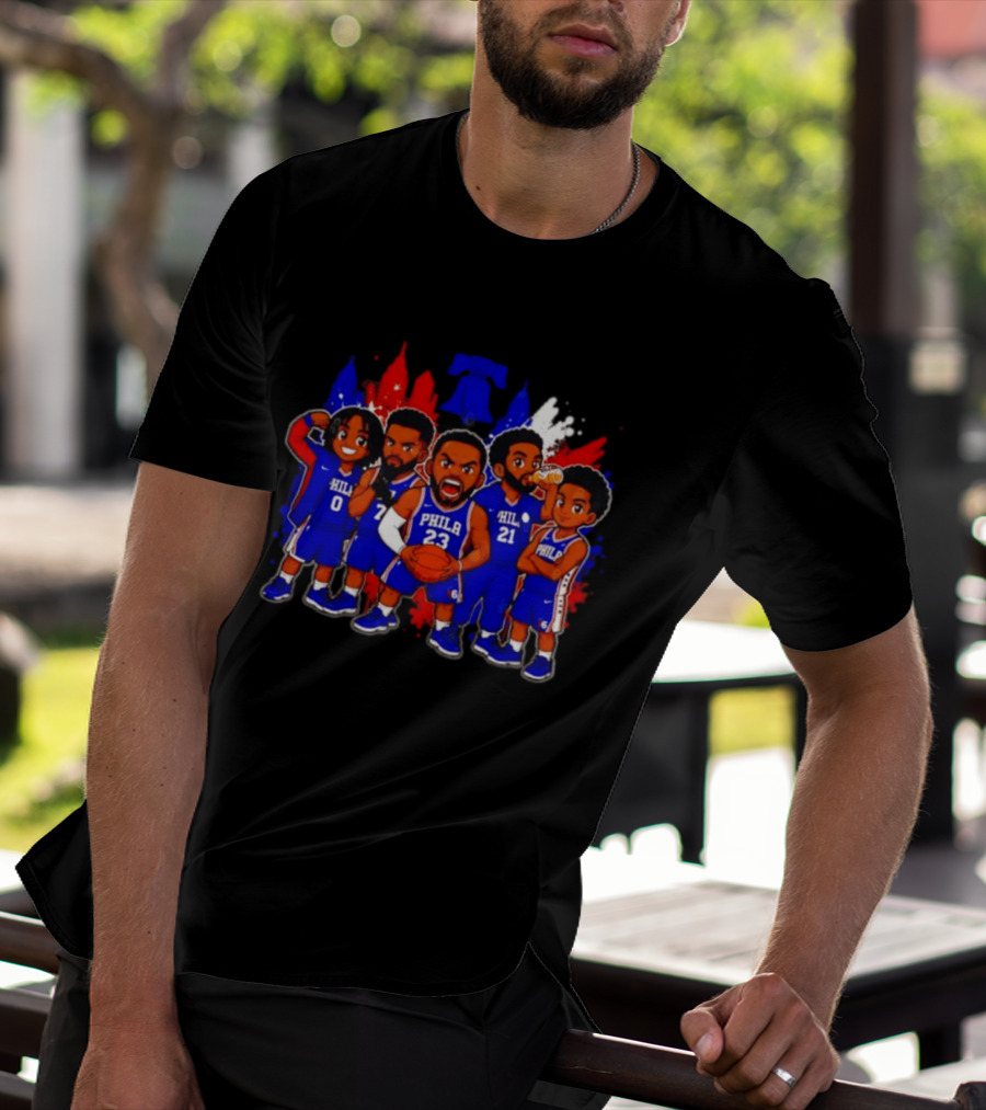 Philadelphia 76ers Cartoon Players With Liberty Bell Skyline T-Shirt