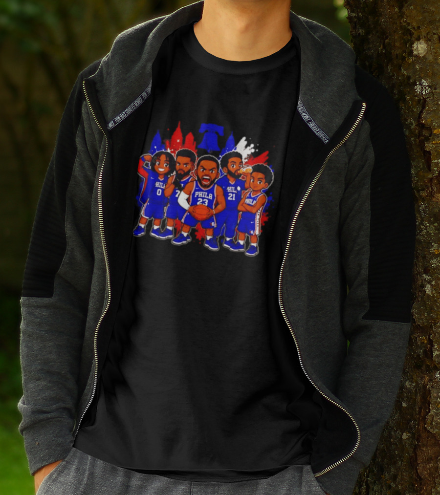 Philadelphia 76ers Cartoon Players With Liberty Bell Skyline T-Shirt