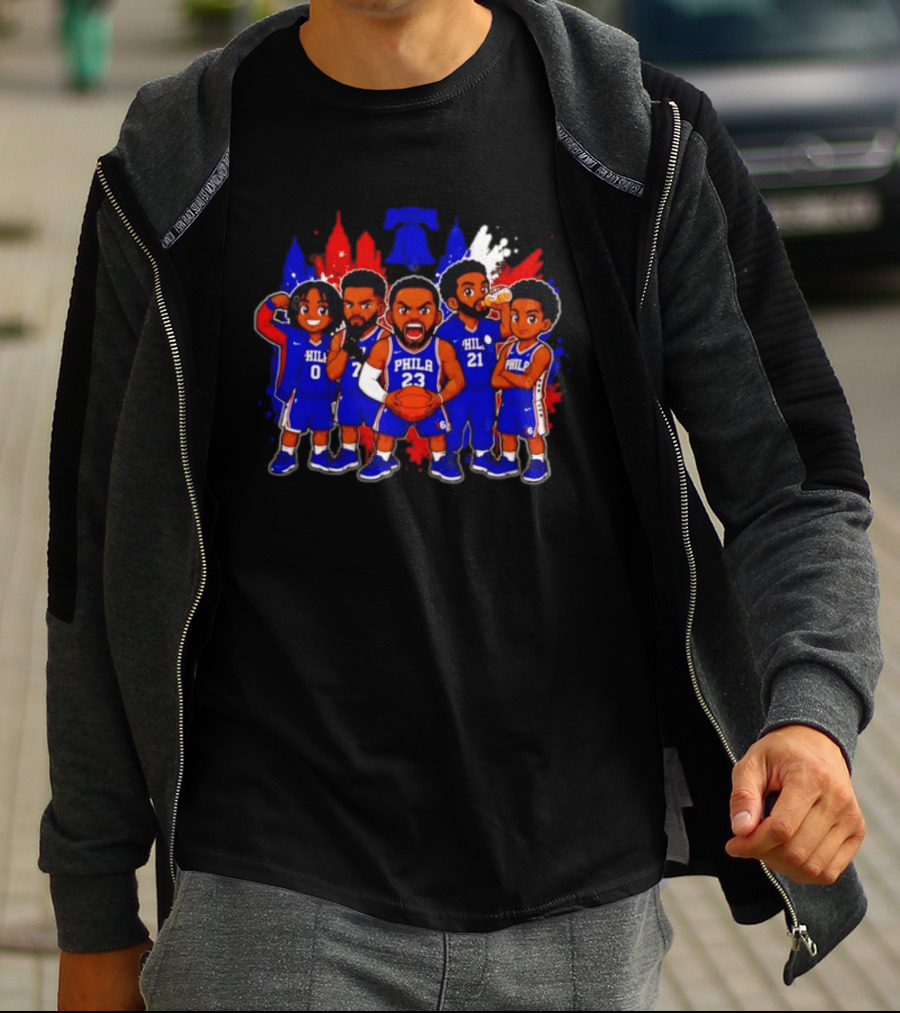 Philadelphia 76ers Cartoon Players With Liberty Bell Skyline T-Shirt