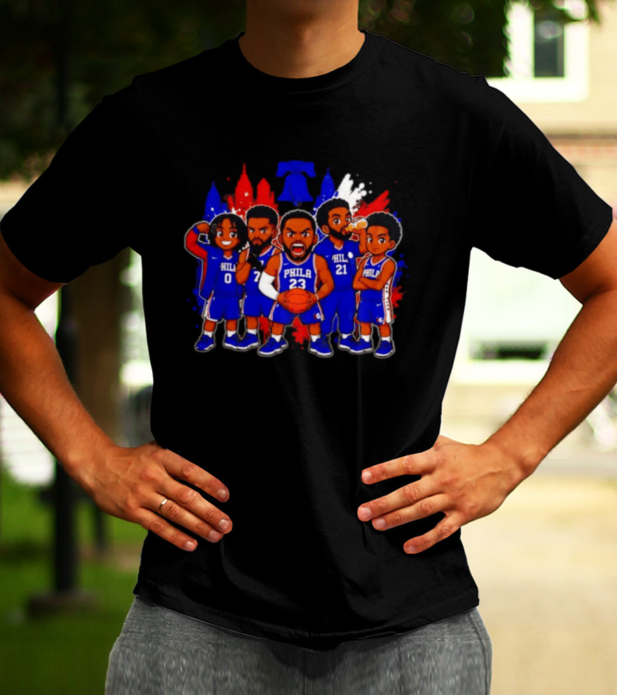 Philadelphia 76ers Cartoon Players With Liberty Bell Skyline T-Shirt