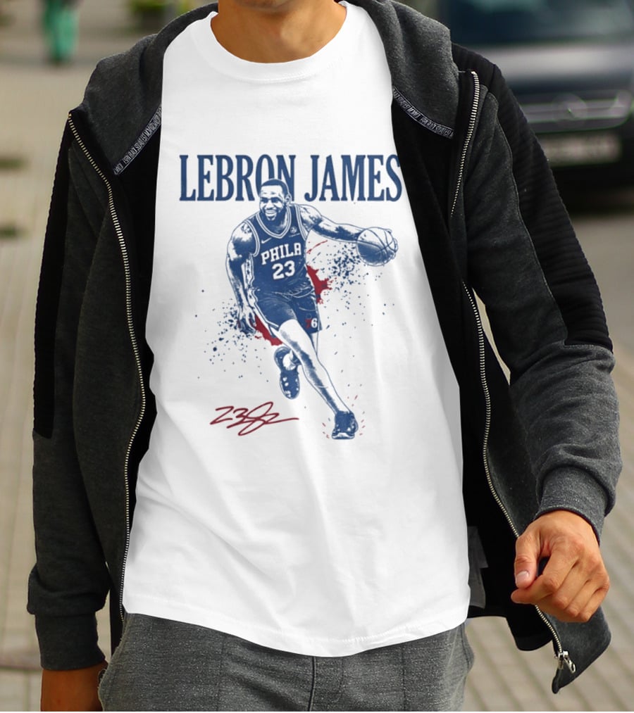 LeBron James 23 Philly Basketball Blue And Red Splash T-Shirt
