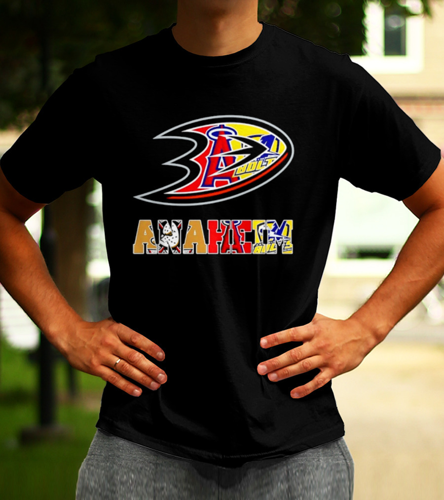 Anaheim Ducks Los Angeles Angels Anaheim Bolts Collage Anaheim Text And Logos T-Shirt