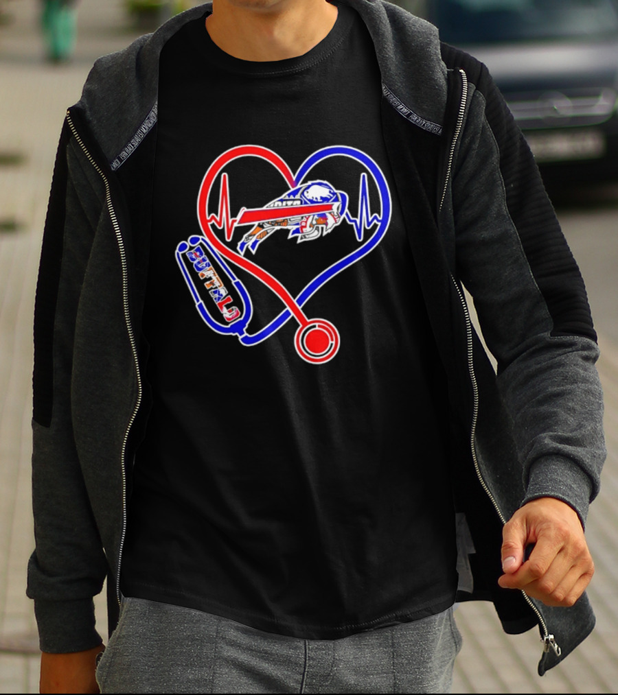 Buffalo Bills Sabres Heartbeat Stethoscope Red White Blue T-Shirt